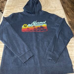 Marmot Navy Blue Hoodie with Multicolor Mountain Graphic